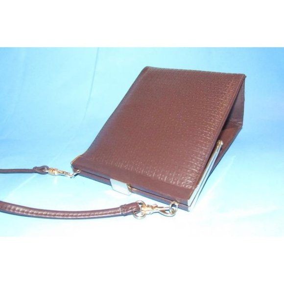 Halston Vintage Brown 2-Way Hinged Closure Shoulder Bag Embossed H Logo Print - Picture 7 of 12